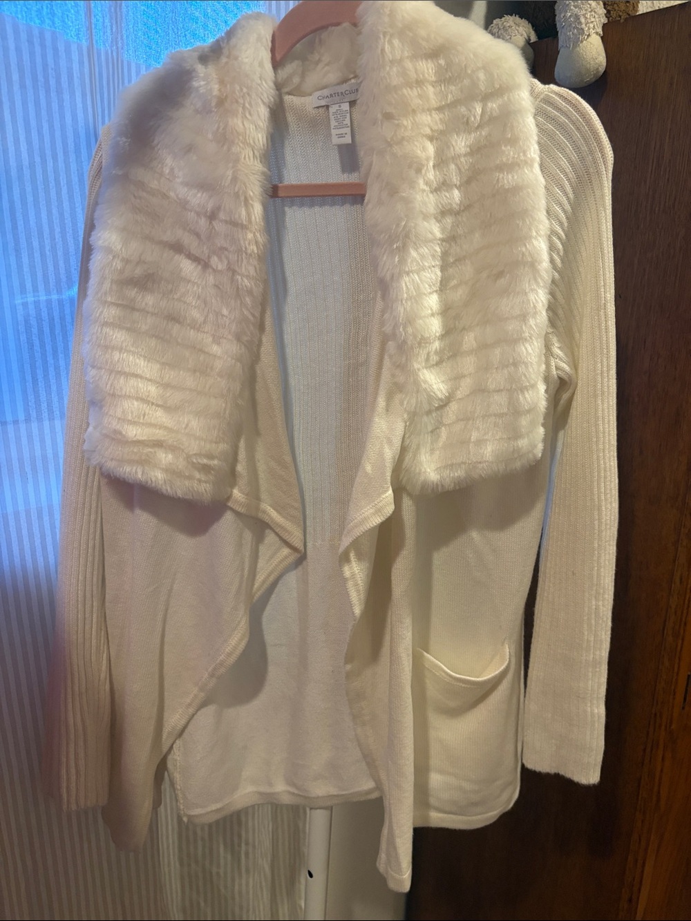 Cozy Faux-Fur Collar Open-Front Sweater Cardigan - Cream